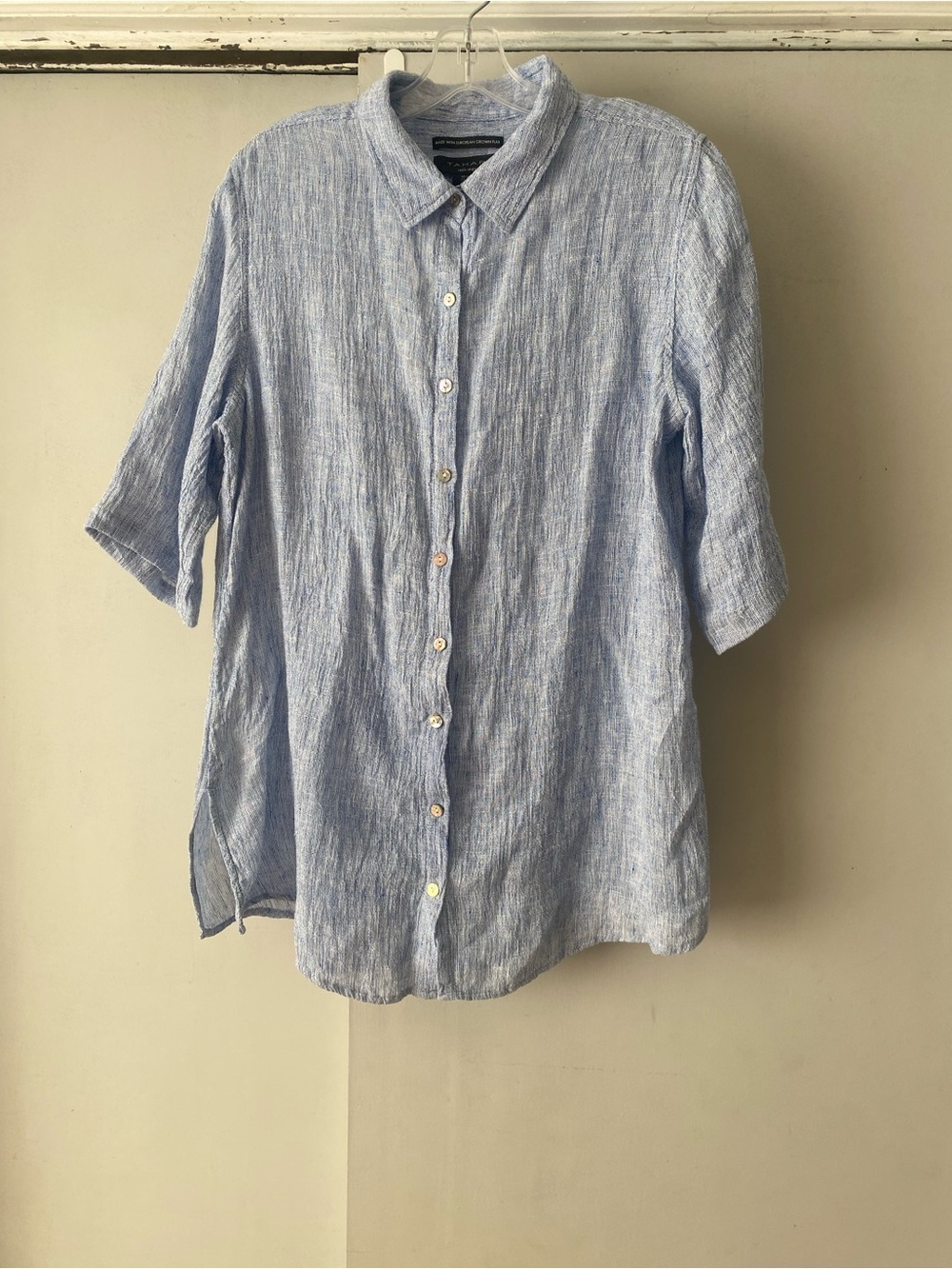 Light Blue Women’s Linen Button-Down Shirt.